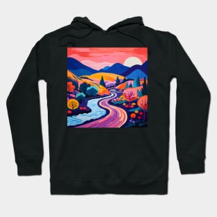 Digital Landscape Art in the Style of Matisse - Orange Sky, Blue Mountain, Orange Valley Hoodie